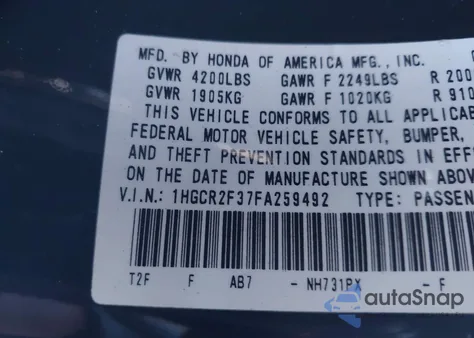 2015 Honda Accord Lx z USA, uszkodzony, nr VIN 1HGCR2F37FA259492